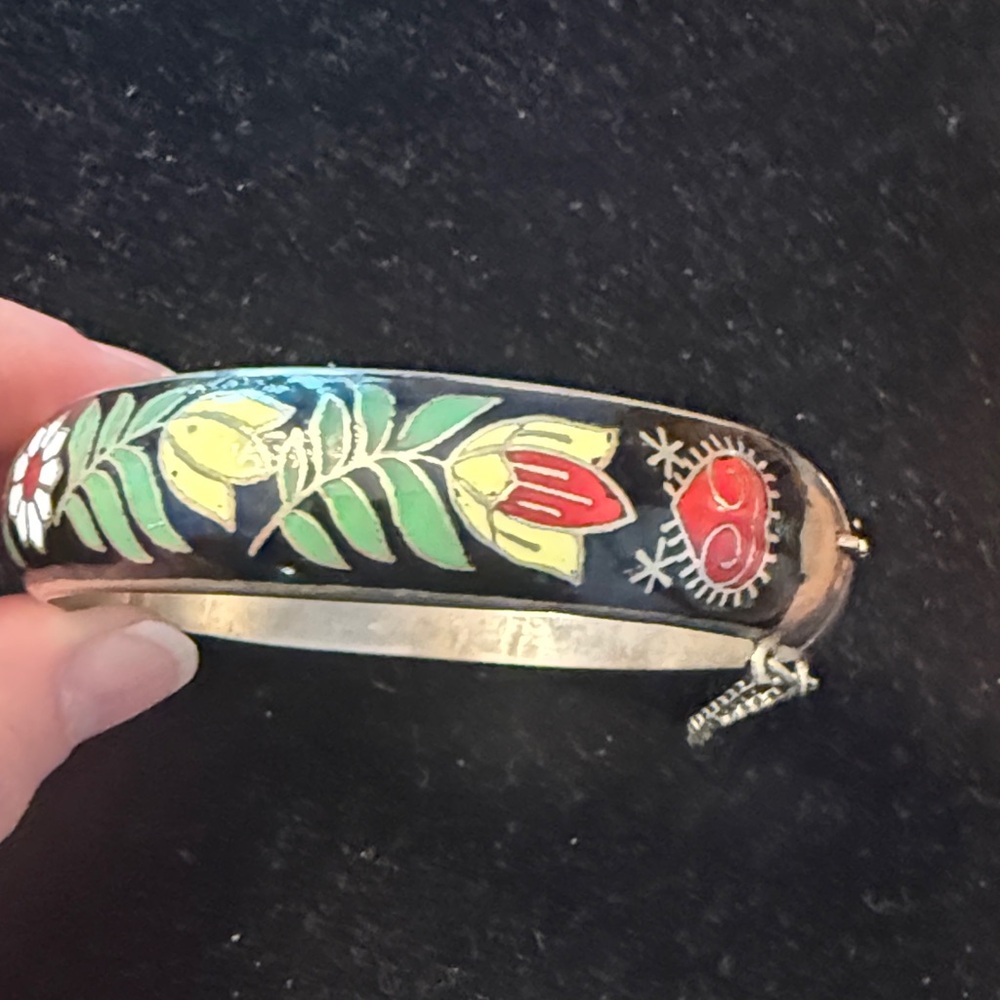 Floral Enamel Siam Sterling Bangle Bracelet